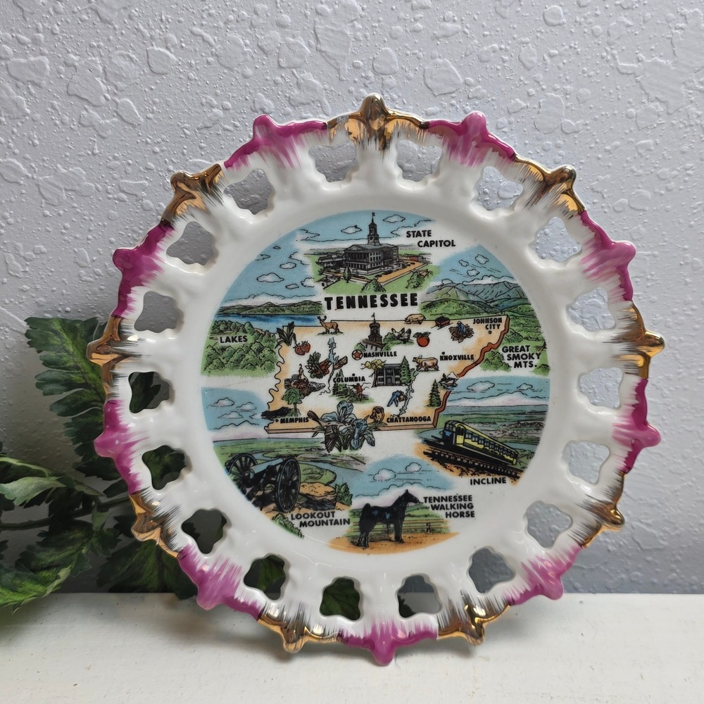 Vintage Dixie Tennessee Souvenir‎ Plate State Map Reticulated Gold Pink Rim